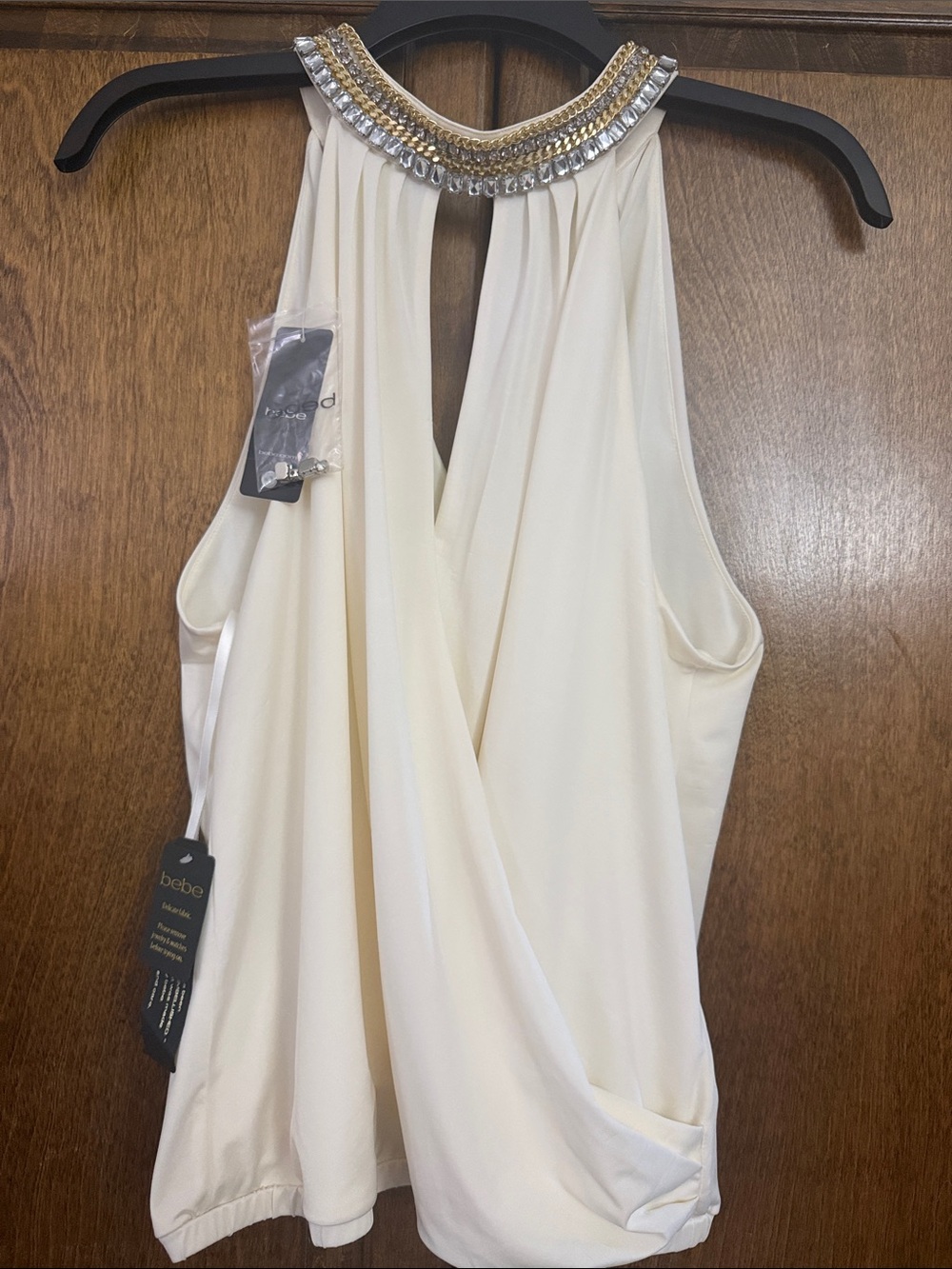 bebe Cream Jeweled Halter Drape Top